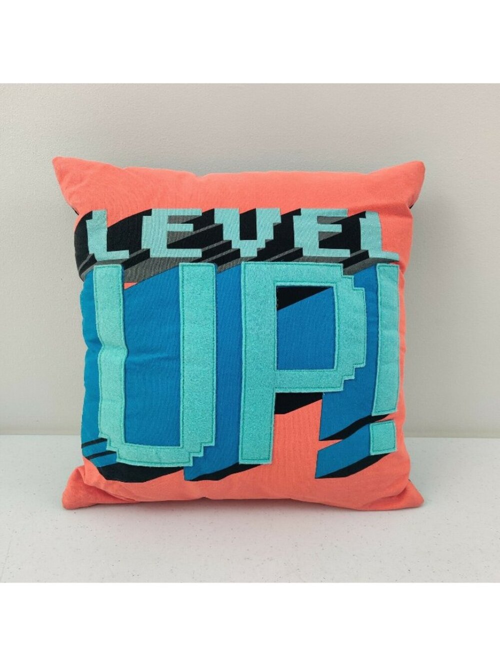 Level Up Decorative Pillow 16x16 Bright Coral Blue Gamer Room Accent Pillowfort